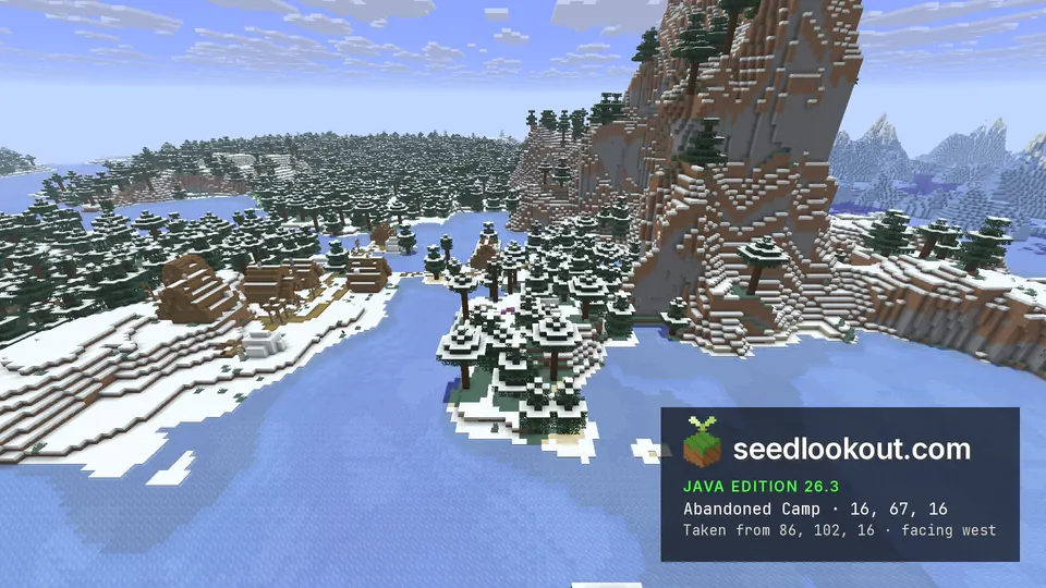 Snowy spruce point in a frozen lake with village houses on the far shore, a rock spire on the right