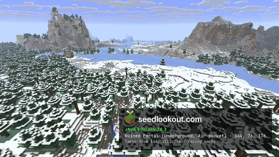 Snowy spruce forest and frozen lakes, the tall rock spire and brown mountains on the horizon