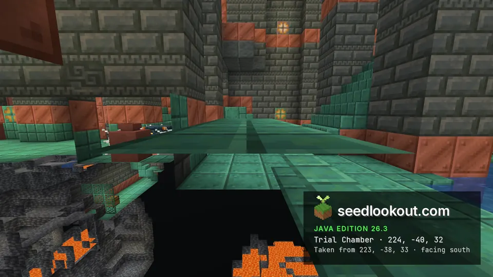 Cutaway of a trial chamber hall with green copper floor, tuff brick walls and lava in the rock below
