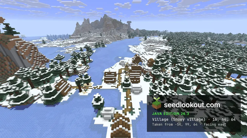 Snowy village houses along a frozen lake shore, spruce forest and brown rocky hills behind