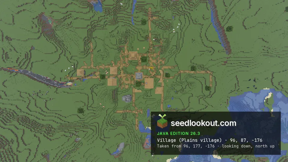 Top-down view of village paths branching out across green hills, with a river in one corner