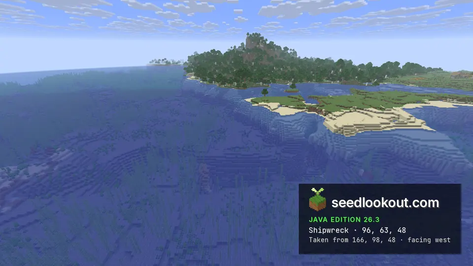 Low sand and grass islets in a shallow blue sea, with a forested island hill behind