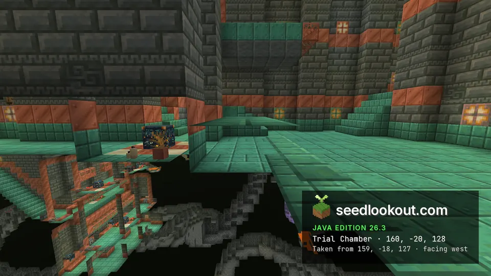 Trial chamber hall of tuff bricks and copper blocks with an oxidized copper floor, dark cave below