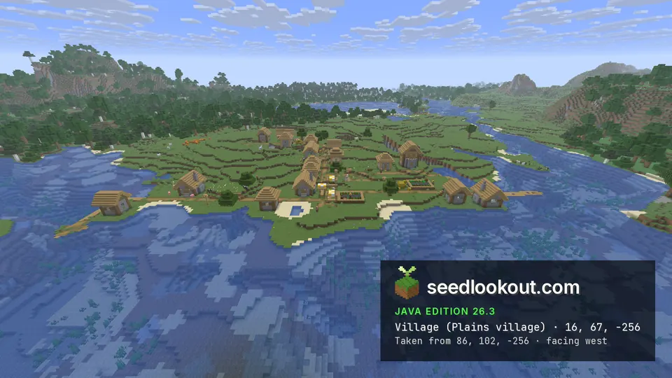Wooden village houses on a grassy point between blue sea inlets, with forested hills behind