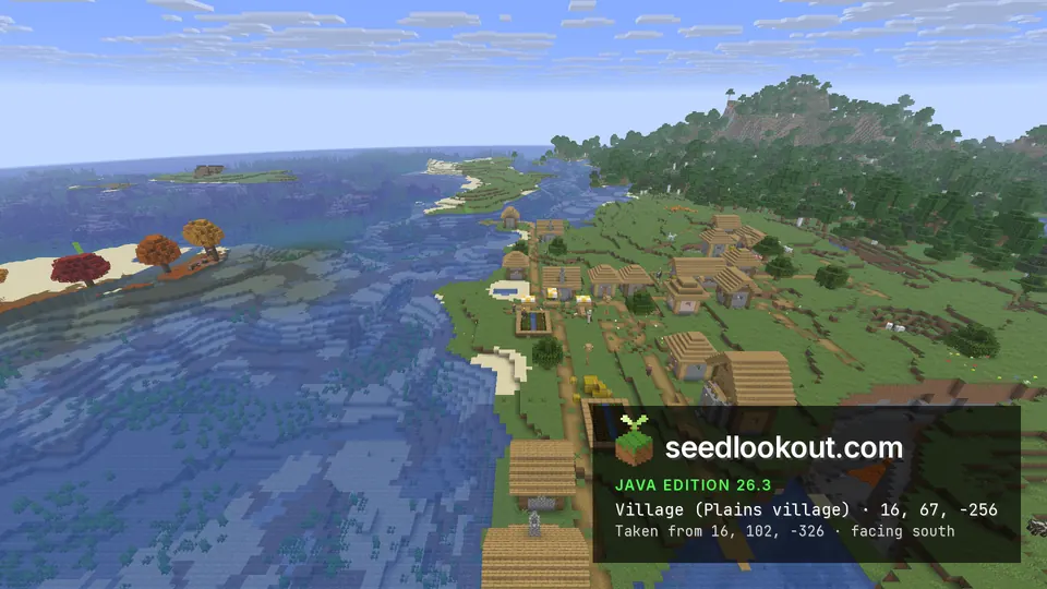Village houses and paths along a grassy shore, with red and orange trees on a sandy islet across the water