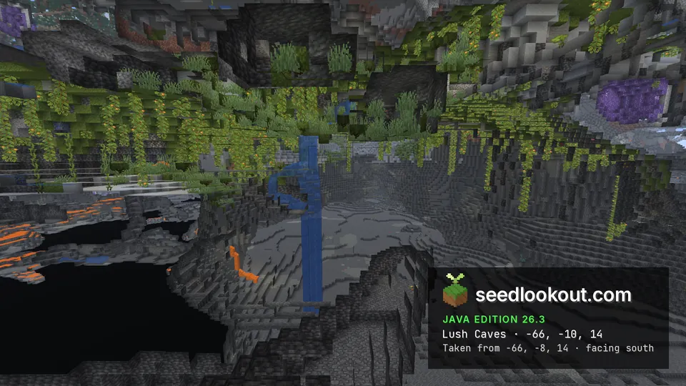 Cave with moss and hanging vines, amethyst in the wall and falls of water and lava, in an underground cutaway