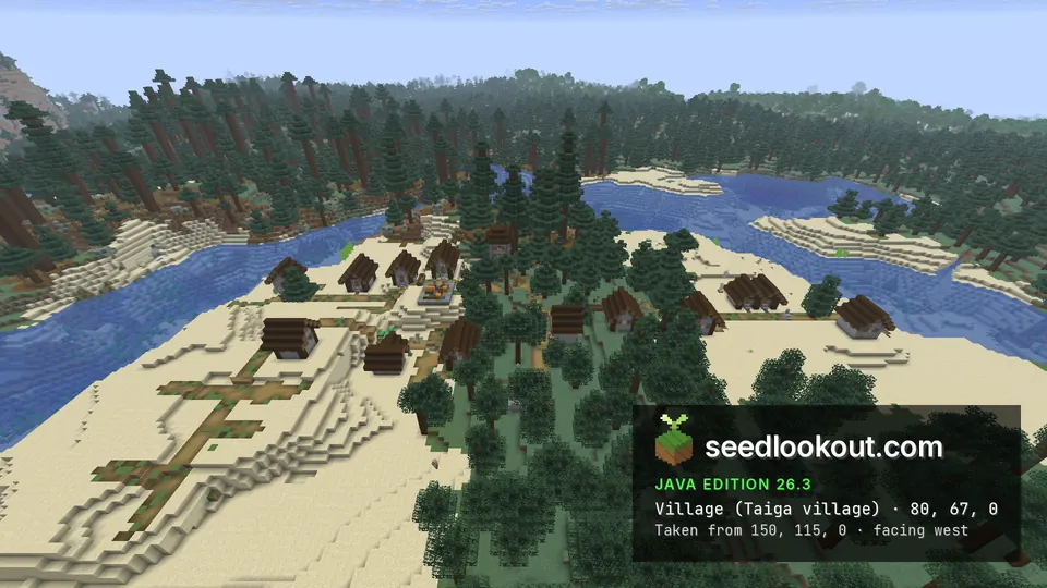 Spruce-wood houses on pale sand beside spruce forest, with water channels on both sides