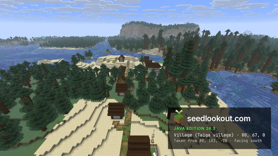 Village houses among spruce trees on sand, water channels and a flat-topped cliff behind