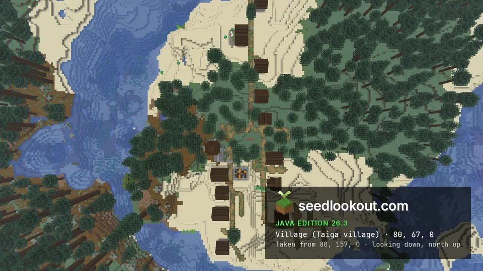 Top-down view of houses and paths on sand around a patch of spruce trees, water to the west