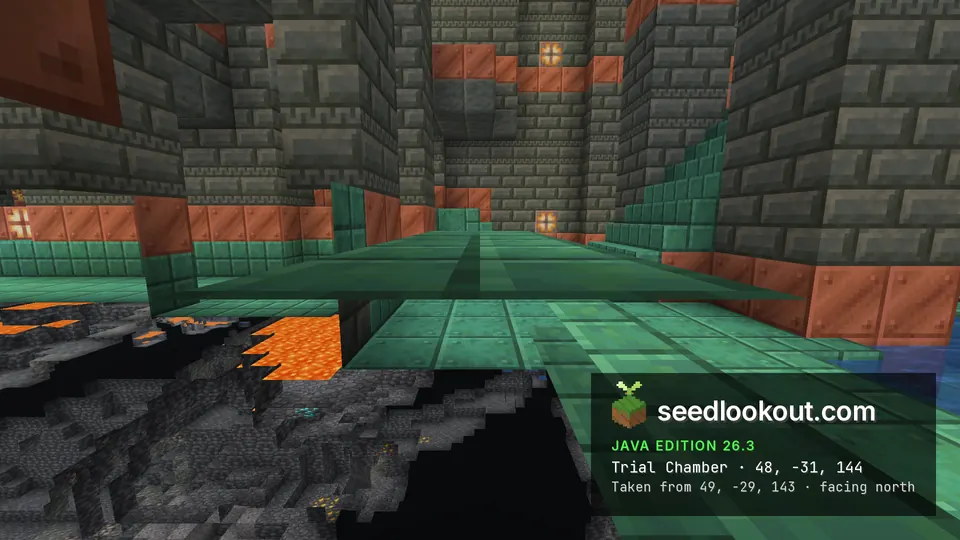 Trial chamber corridor of tuff brick and copper with a green copper floor, lava in the cave below