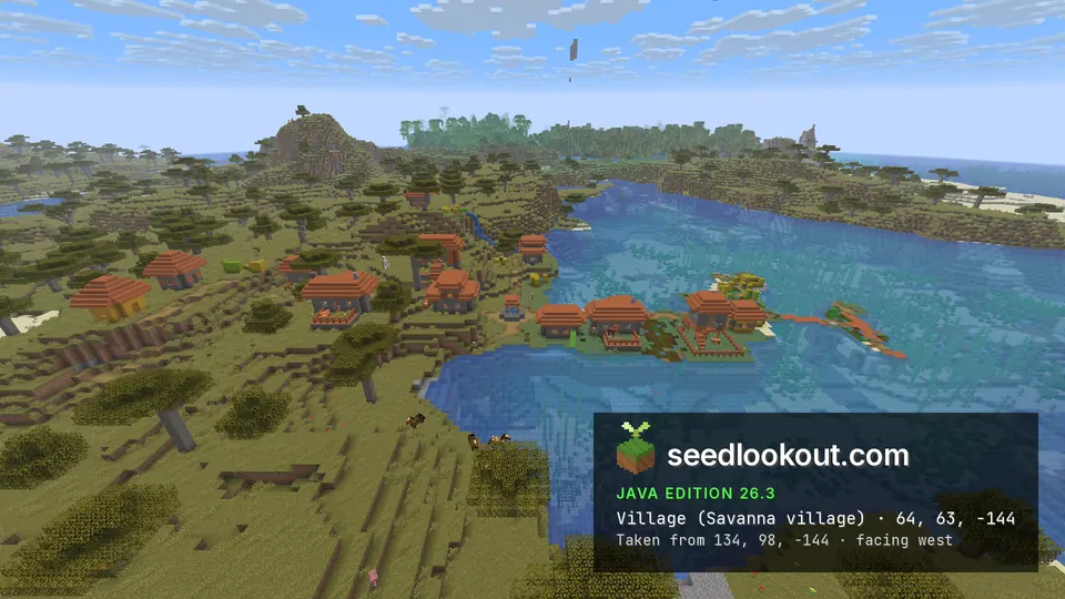 Savanna village houses on a lakeshore with a path out to a small island, low hills behind