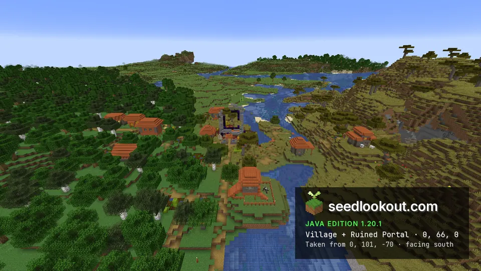 Savanna village along a river with the ruined portal between orange-roofed houses in Minecraft Java 1.20.1