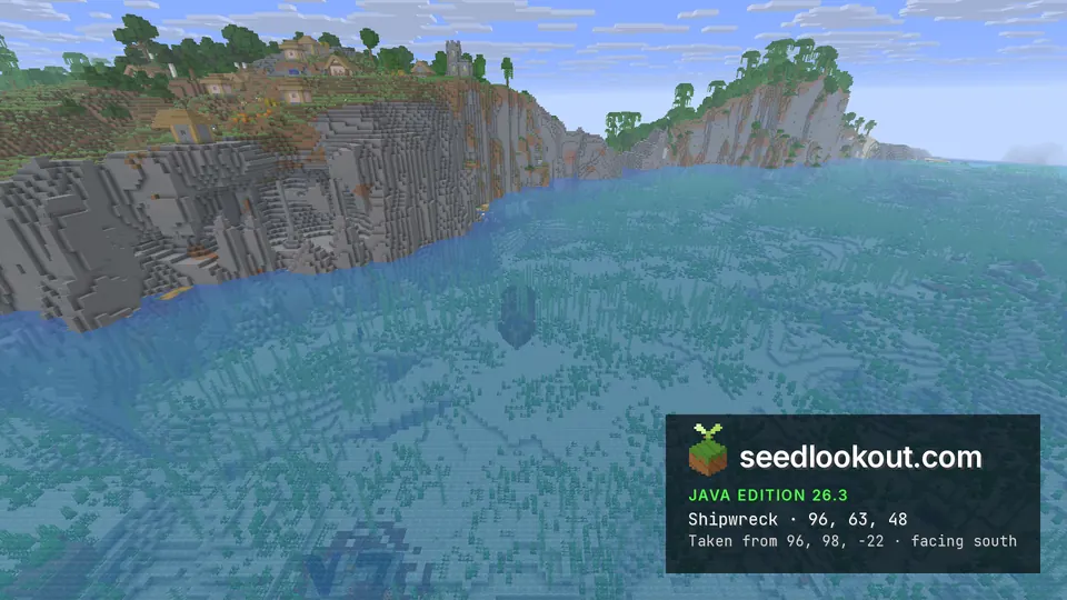 Turquoise bay below grey stone cliffs, with a dark ship shape under the water