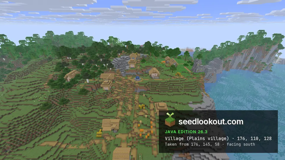 Plains village houses and fields on a grassy clifftop, grey stone sea cliffs dropping into a turquoise bay