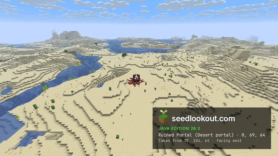 Small patch of red netherrack and dark obsidian on open sand, with rivers and dunes behind
