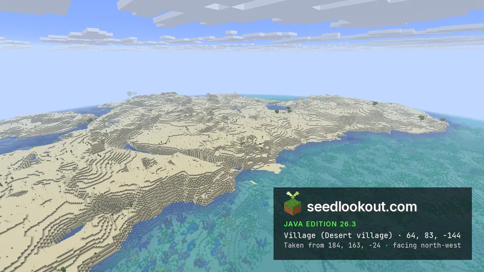 Wide view of a sandy desert coast with a small village in the dunes and green sea around it