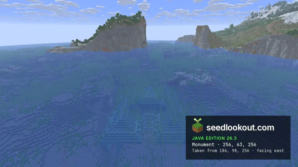 Prismarine ocean monument under blue water, steep rocky islands with forest behind