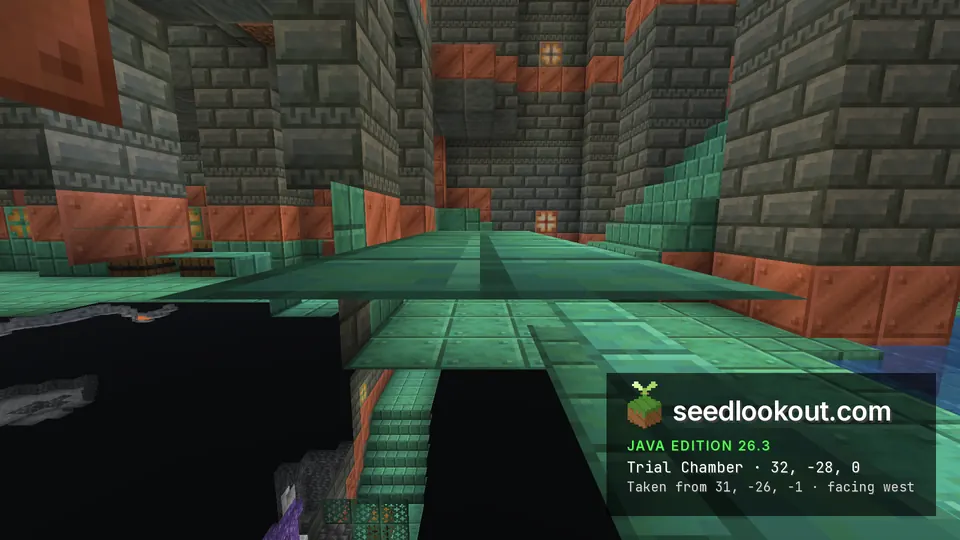 Cutaway underground view of a trial chamber room with tuff brick walls, copper blocks and a green floor