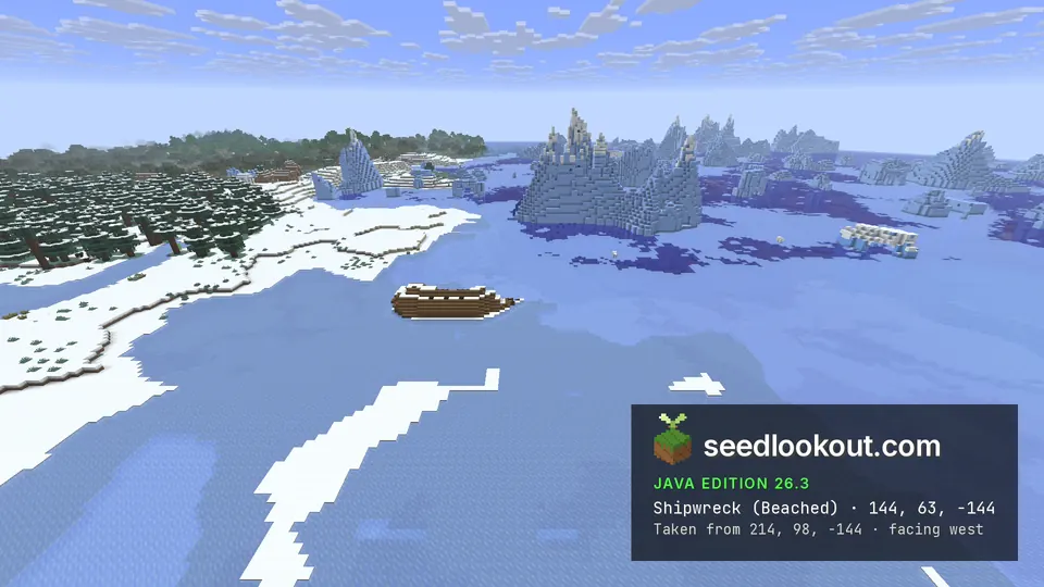 Wooden ship hull stuck in frozen blue water, with icebergs and snowy shores around it