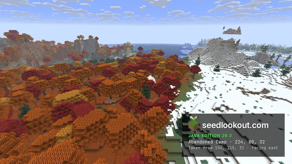 Small white tent in a red and orange forest, snowy plains on the right and a grey hill behind