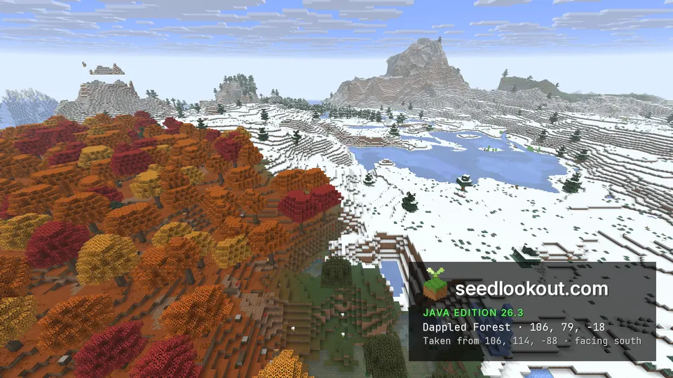Red and orange forest beside snowy plains and frozen ponds, grey stone peaks on the horizon