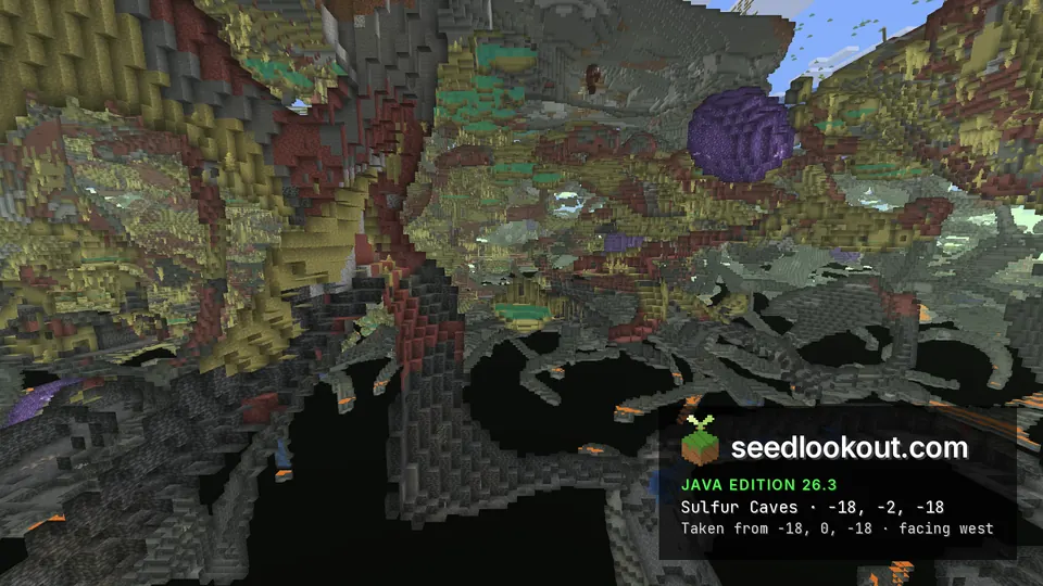 Cave with yellow and rust-red walls, teal pools and a purple amethyst geode, shown as a cutaway