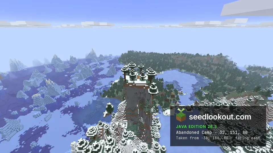 Tall stone pillar topped with snowy spruce trees, frozen water and forest around its base