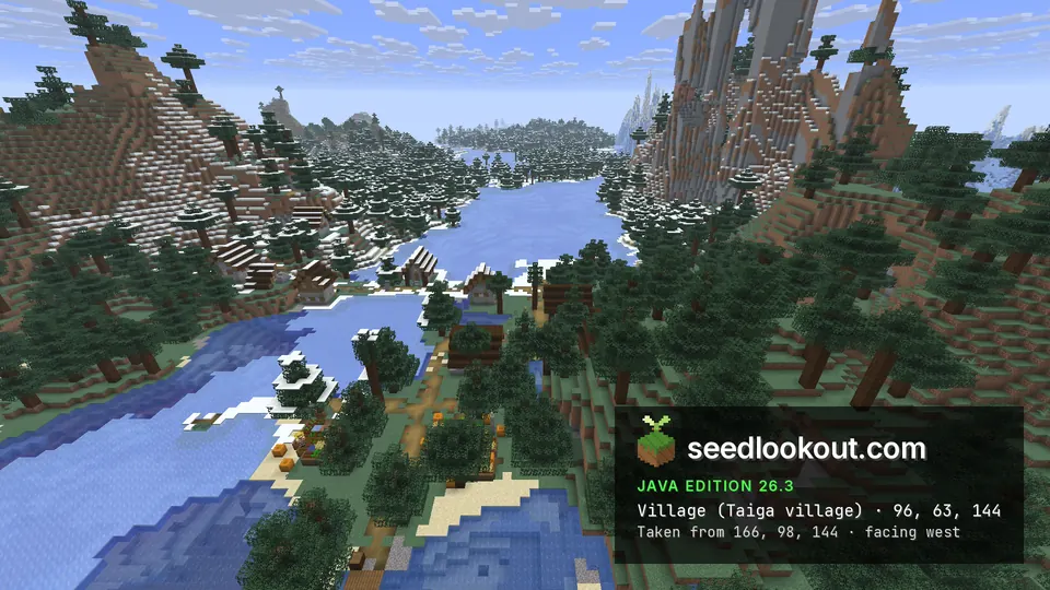 Taiga village houses among spruce trees on a lake shore, tall rock spires on both sides
