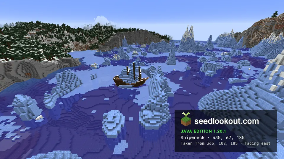 Dark wooden shipwreck with masts trapped among icebergs beside a spruce-covered shore