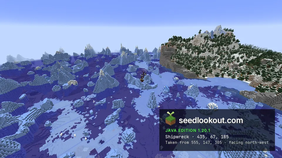 Wide view of a frozen ocean full of icebergs with a small shipwreck near a snowy forested hill