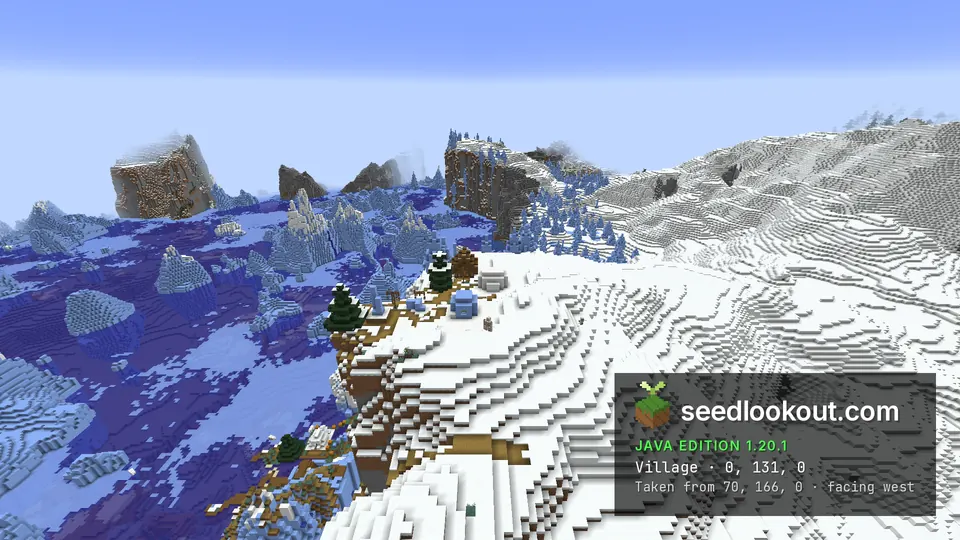 Snowy village houses on a clifftop edge above icebergs, with snow slopes on the right
