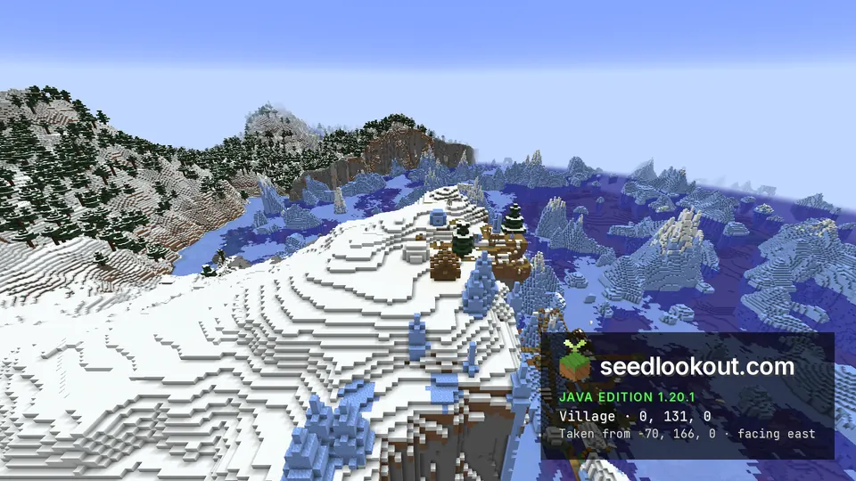 Snow-covered clifftop with village houses and paths running down the cliff to the frozen sea