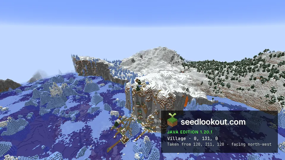 Snowy stone sea cliff with a village running down onto a frozen ocean full of icebergs, Minecraft Java 1.20.1