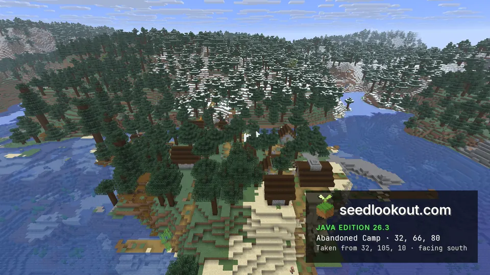 Spruce houses under tall spruce trees on a point with a sand beach, lake on both sides and snowy hills behind