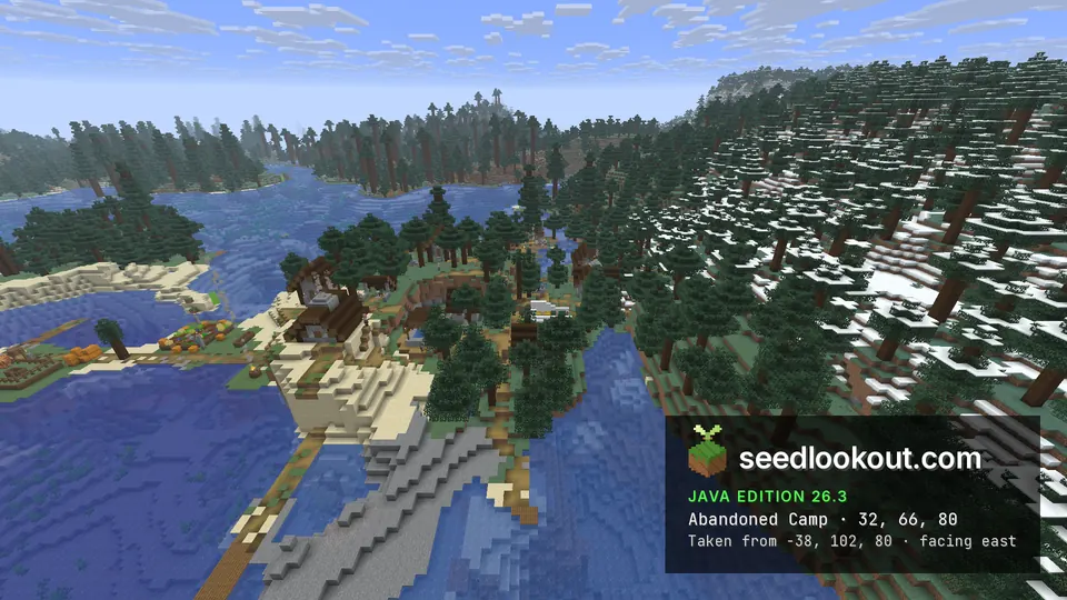 Spruce village houses and a white tent on a sandy wooded point in a lake, snowy taiga slopes on the right