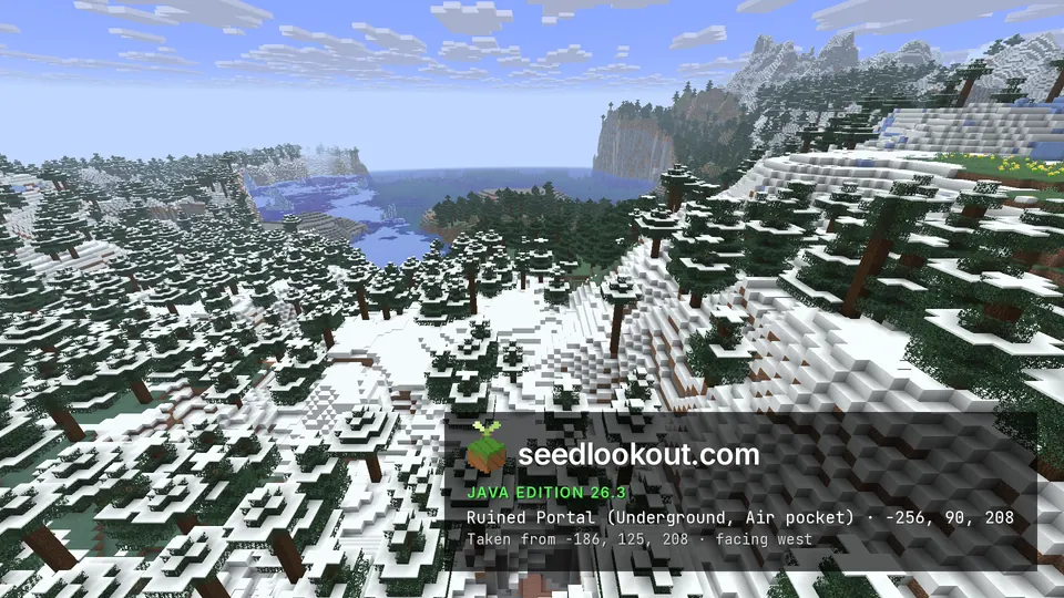 Snow-covered spruce forest on rolling hills, a lake and grey cliffs in the distance