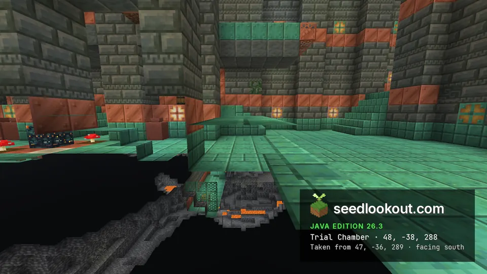 Trial chamber room of tuff brick and copper with a green copper floor and a dark cave below
