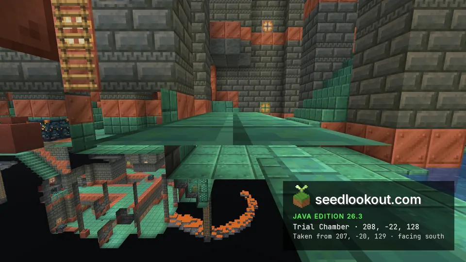 Trial chamber corridor of tuff bricks and copper blocks with an oxidized copper floor, seen in an underground cutaway