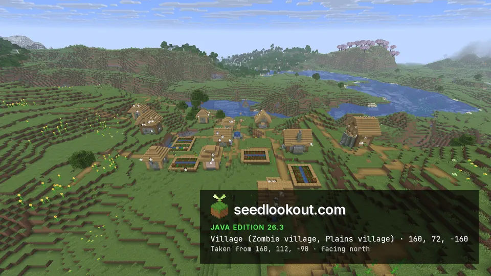 Plains village houses with cobwebs on the roofs and farm plots on grassy hills, a river and lake behind