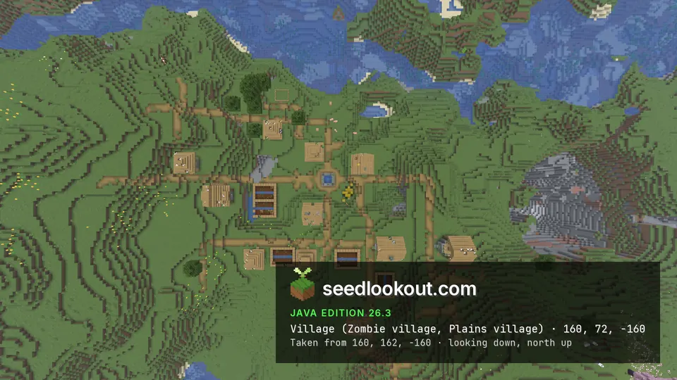 Top-down view of a village with paths, houses and farm plots on green hills, water to the north