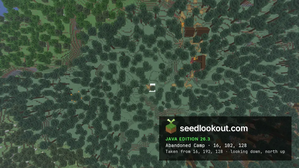 Top-down view of dark spruce forest with a small white tent in a gap and village roofs to the right