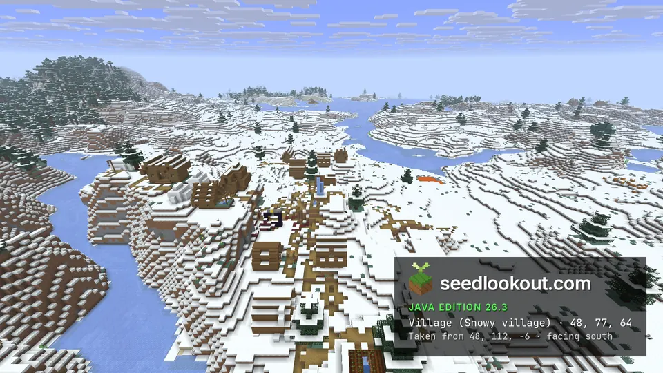 Snowy village houses on white slopes beside a frozen river, snowy hills all around