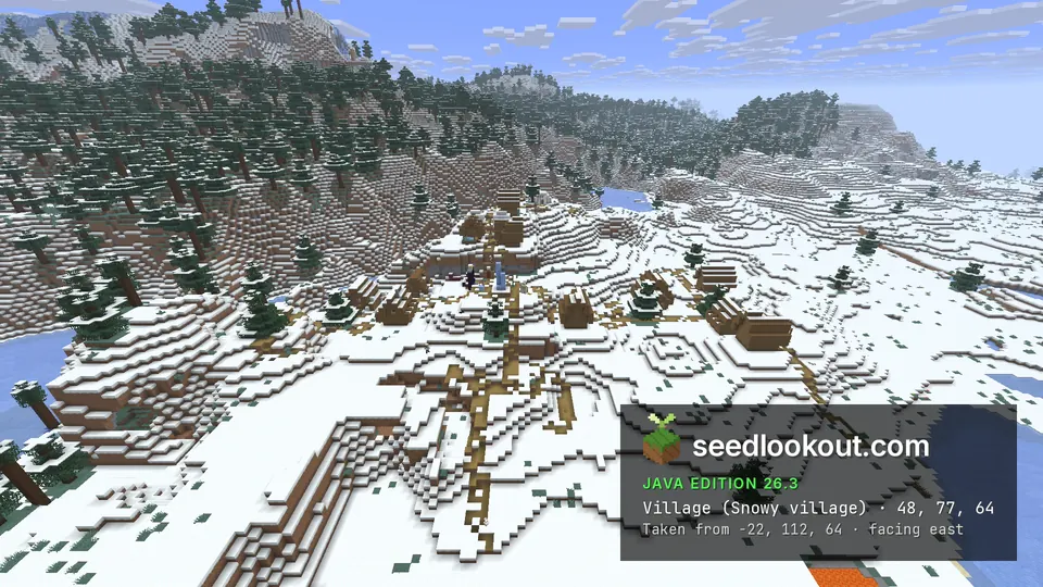 Village paths and houses across snowy slopes, spruce-covered hills behind