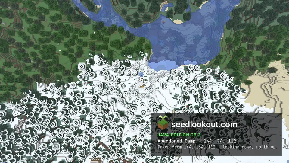 Top-down view of snowy spruce forest meeting green taiga, a small camp clearing below a river bend
