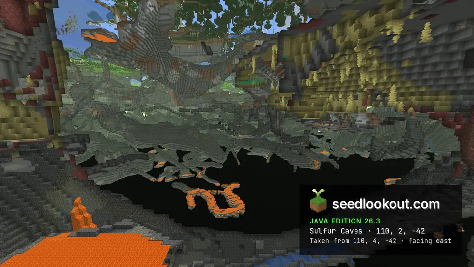 Underground cutaway with yellow cave walls hung with spikes, grey rock and a lava pool