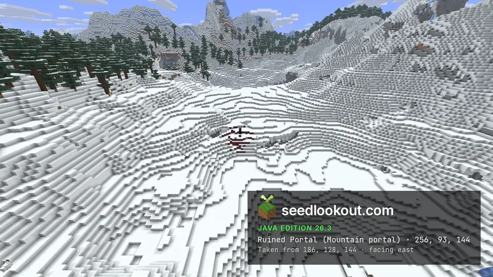 Patch of netherrack and obsidian in a snow-filled mountain hollow, spruce slopes and peaks behind