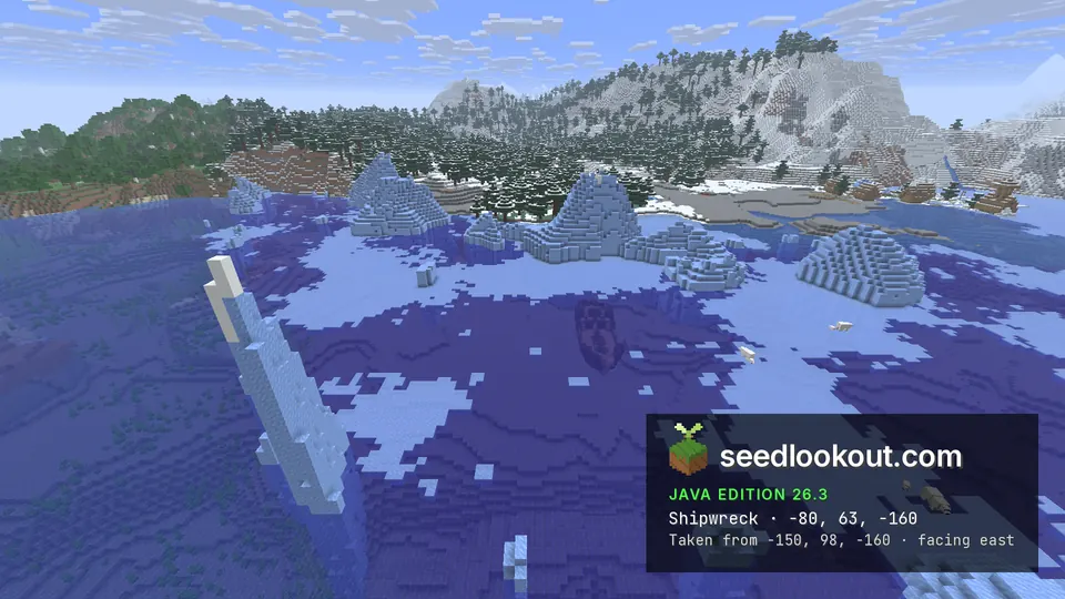 Dark outline of a sunken ship under open water between sea ice and icebergs, snowy spruce hills behind