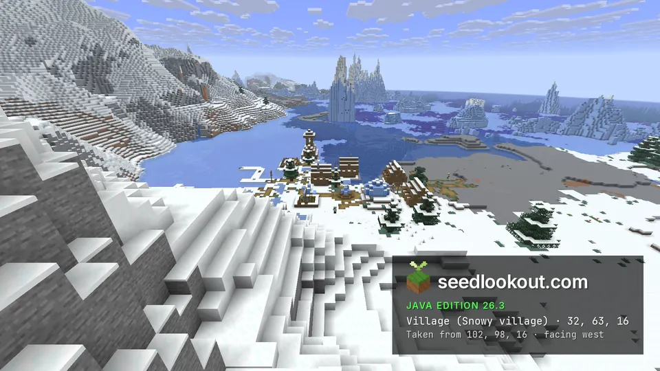 Snowy village on the shore of a frozen bay, tall icebergs in the sea ice and a snowy mountain on the left