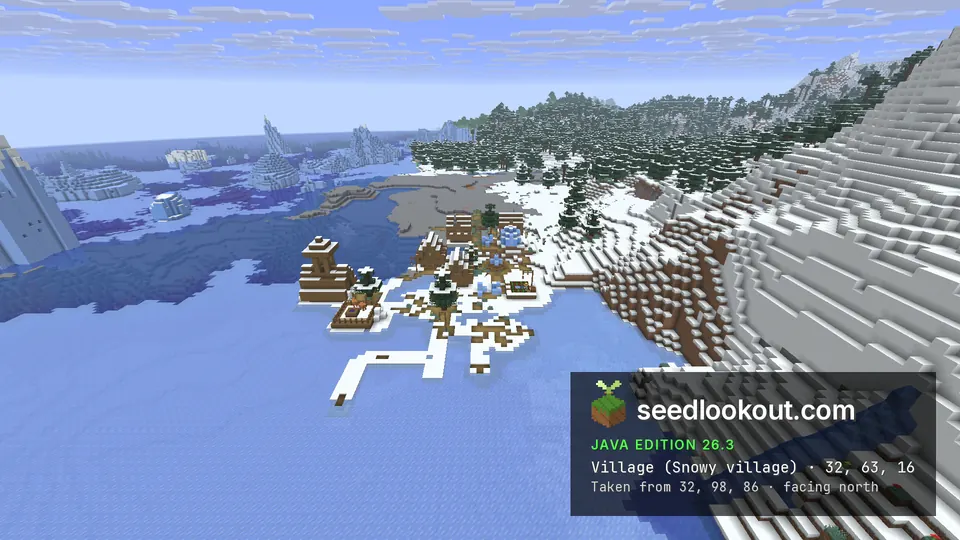 Snowy village on a point in a frozen bay, with snow paths running onto the ice and spruce forest behind