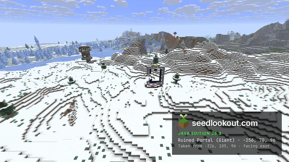 Tall broken obsidian portal on open snow, an outpost tower and ice spikes in the distance